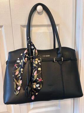 Steve Madden Black Faux Leather Tote with Floral Scarf